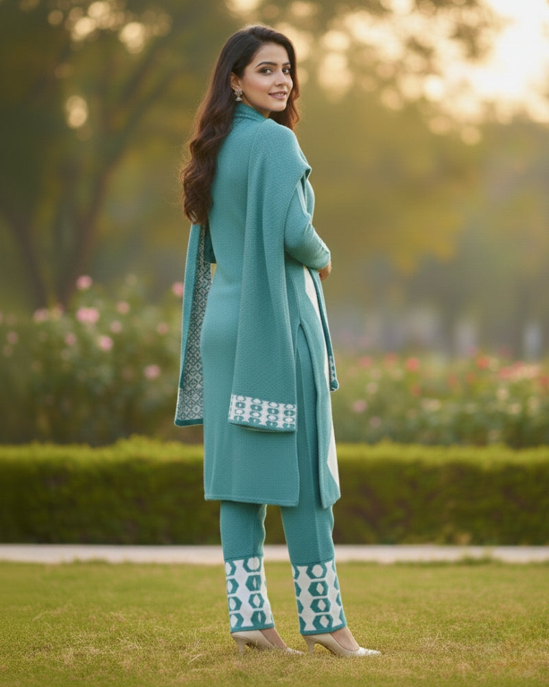 Women's Geometric Print Aqua Color Woolen Kurti Set with Stole  | Warm Winter 3-Piece Suit