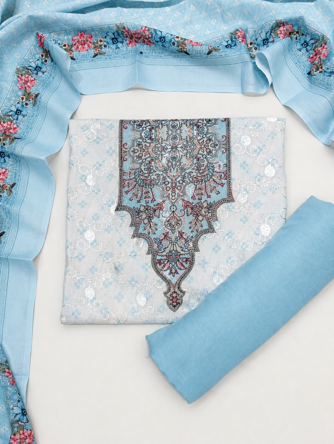 Designer Printed Cotton Unstitched Suit - Sky Blue