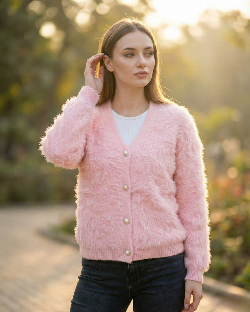 Women's Open Front Woolen Fluffy Top | Pink Oversized Fuzzy Shaggy Top | Long Sleeve & Loose Fit