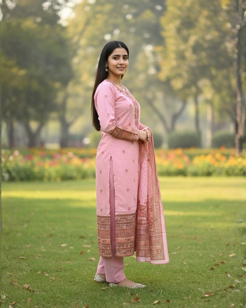 KRITI ऊनी डिजिटल प्रिंट सिले सूट गुलाबी रंग महिलाओं के लिए सर्दियों