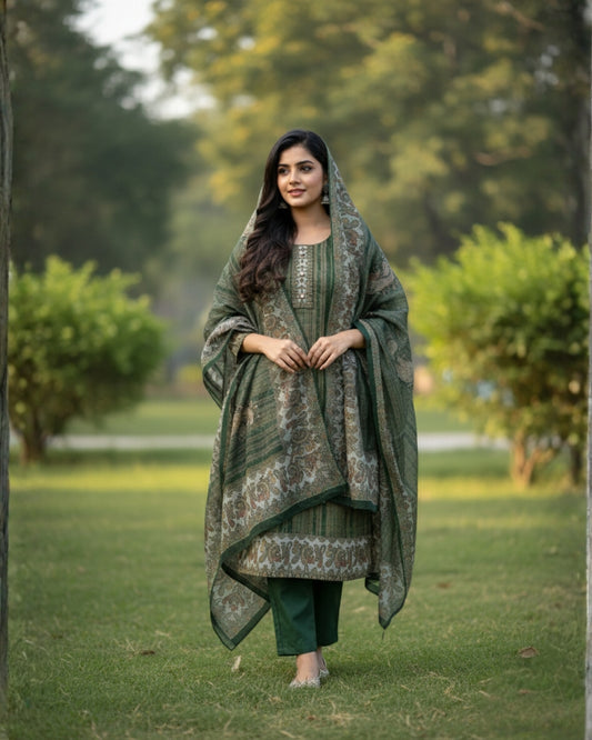 KRITI Winter Woolen Digital Print Stitched Suit Green Color For Women