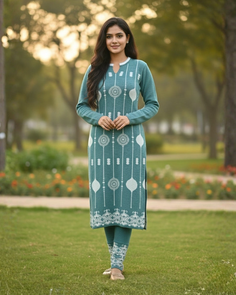 KRITI Wool Blend 3-Piece Embroidered  Kurti Set for Women | Warm Knitted Kurti Lower & Stole Dupatta | Winter Indian Ethnic Wear Suit | M to XXL |