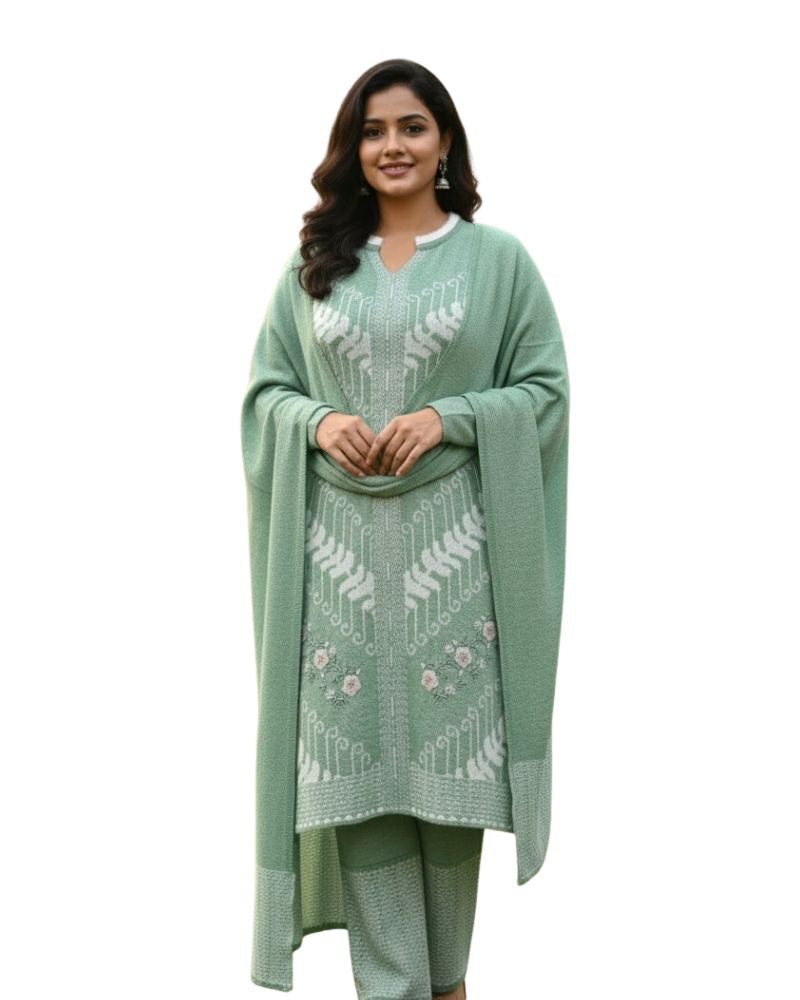 प्रीमियम 3-पीस ऊनी विंटर कुर्ती सेट | बॉटम और स्टोल के साथ बुना हुआ कुर्ता | M-XXL साइज़