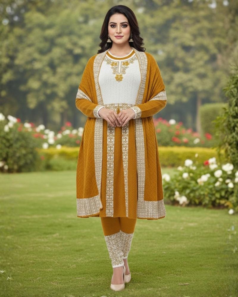 Winter Embroidered 3 PC Kurti Set - Mustard