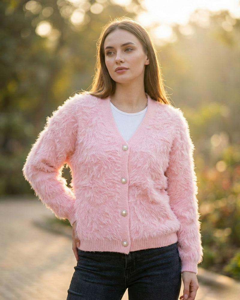 Women's Open Front Woolen Fluffy Top | Pink Oversized Fuzzy Shaggy Top | Long Sleeve & Loose Fit