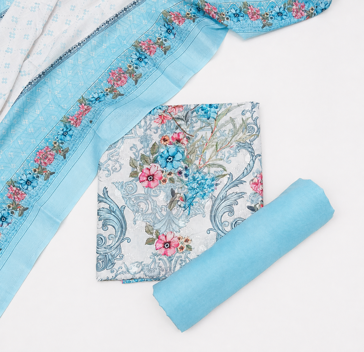 Designer Printed Cotton Unstitched Suit - Sky Blue