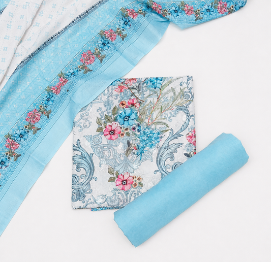 Designer Printed Cotton Unstitched Suit - Sky Blue