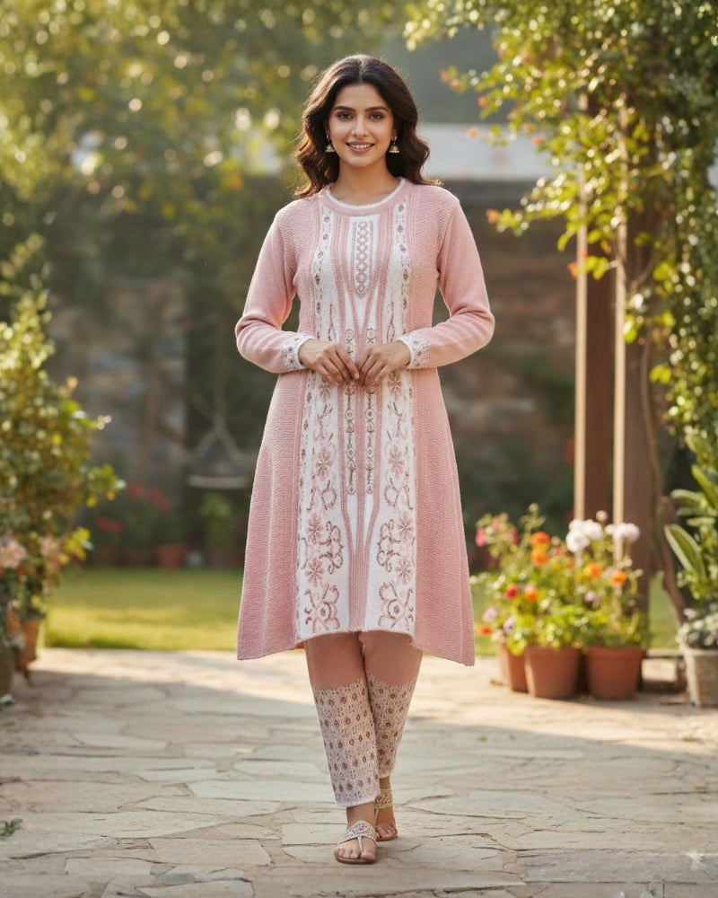 Woollen 3-Piece Embroidered Kurti Set- Onion
