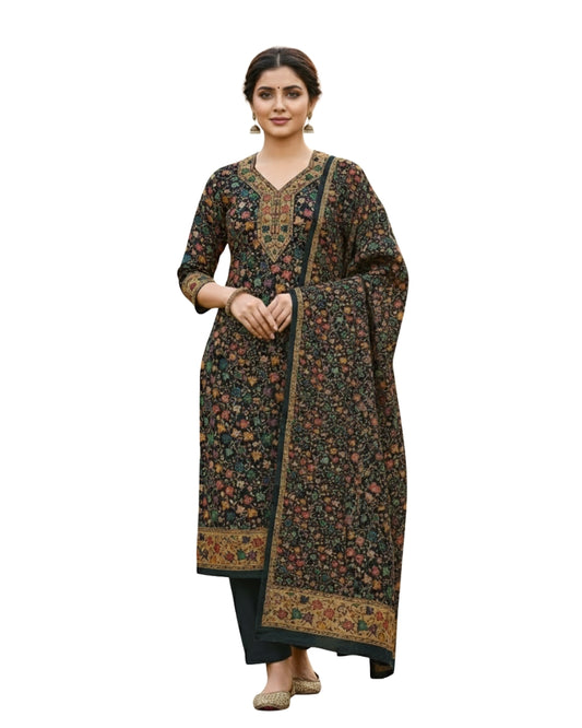 KRITI महिलाओं के लिए फ्लोरल डिज़ाइन ऊनी काला हरा रंग अनस्टिच्ड फ़ैब्रिक सूट सेट विंटरवियर 