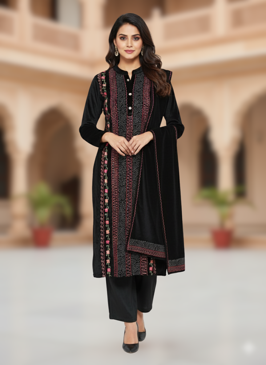 KRITI विंटर वेलवेट 3 पीस कढ़ाई कुर्ती सेट काले रंग में महिलाओं के लिए