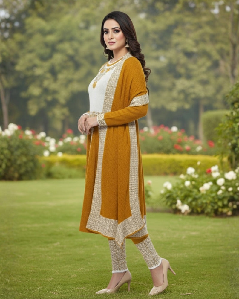 Winter Embroidered 3 PC Kurti Set - Mustard