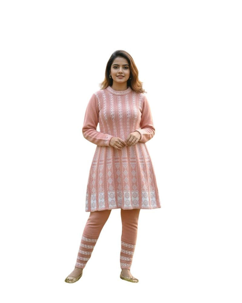 KRITI बुना हुआ ऊनी फ्रॉक कुर्ता सेट | बॉटम वियर के साथ 2-पीस विंटर कुर्ती 