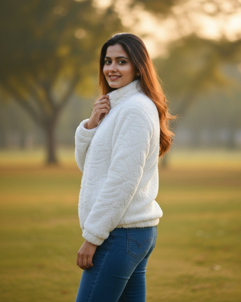 KRITI Women’s Premium Wool Blend Faux Fur White Color Winter Jacket