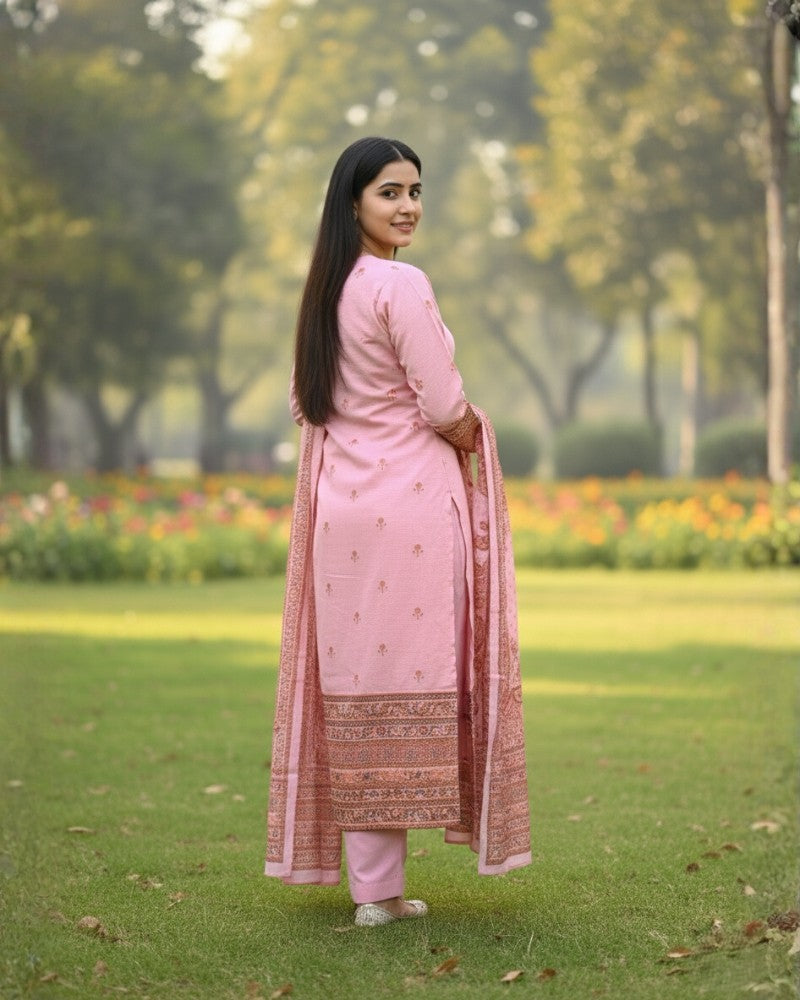 KRITI ऊनी डिजिटल प्रिंट सिले सूट गुलाबी रंग महिलाओं के लिए सर्दियों