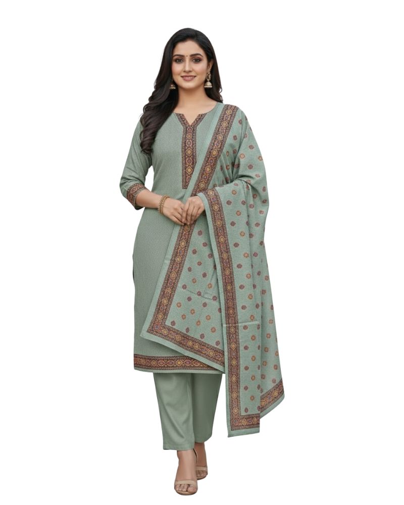 KRITI महिलाओं के लिए डिजिटल प्रिंट ऊनी मिंट रंग का अनस्टिच्ड फ़ैब्रिक सूट सेट विंटरवियर 