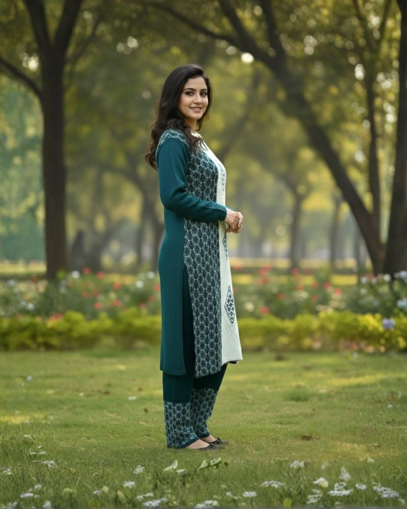 प्रीमियम 3-पीस ऊनी विंटर कुर्ती सेट | बॉटम और स्टोल के साथ बुना हुआ कुर्ता | M-XXL साइज़