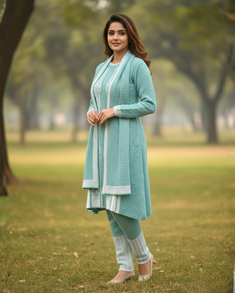 Full Sleeve Knee Length Woolen Fabric Sea Green Color 3 PC Kurti Set For Women