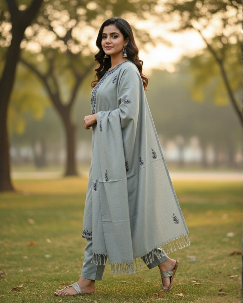 कृति ऊनी कढ़ाईदार सिले सूट ग्रे रंग महिलाओं के लिए सर्दियों