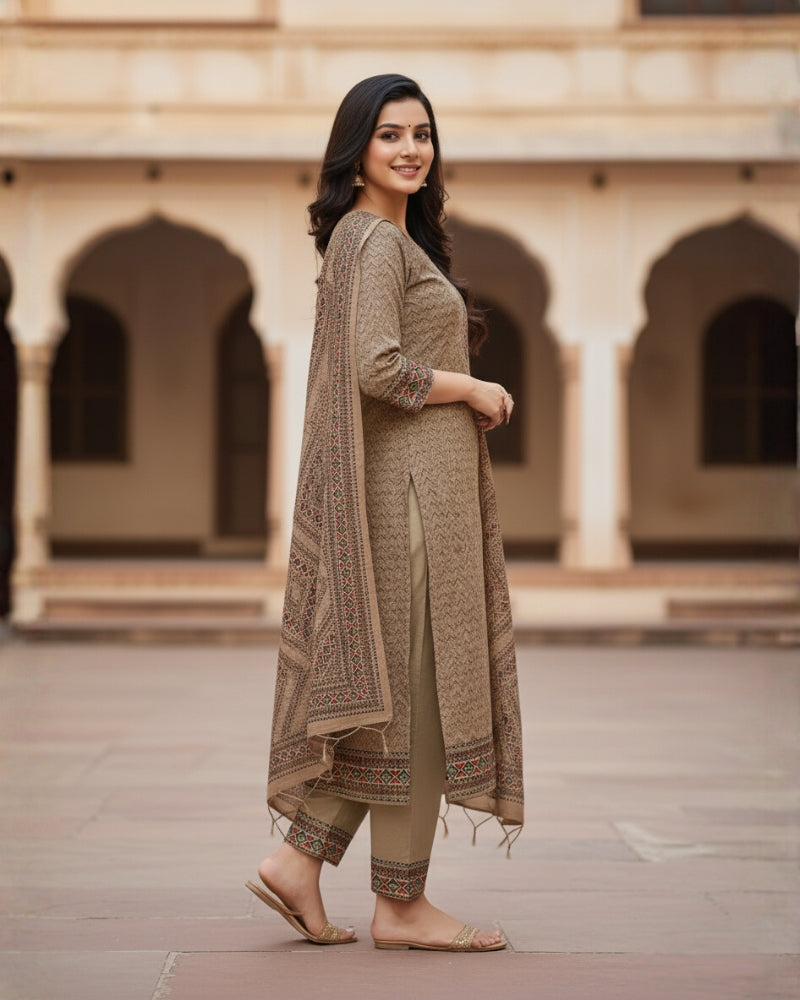 KRITI महिलाओं के लिए डिजिटल प्रिंट ऊनी कैमल रंग का अनस्टिच्ड फ़ैब्रिक सूट सेट विंटरवियर 