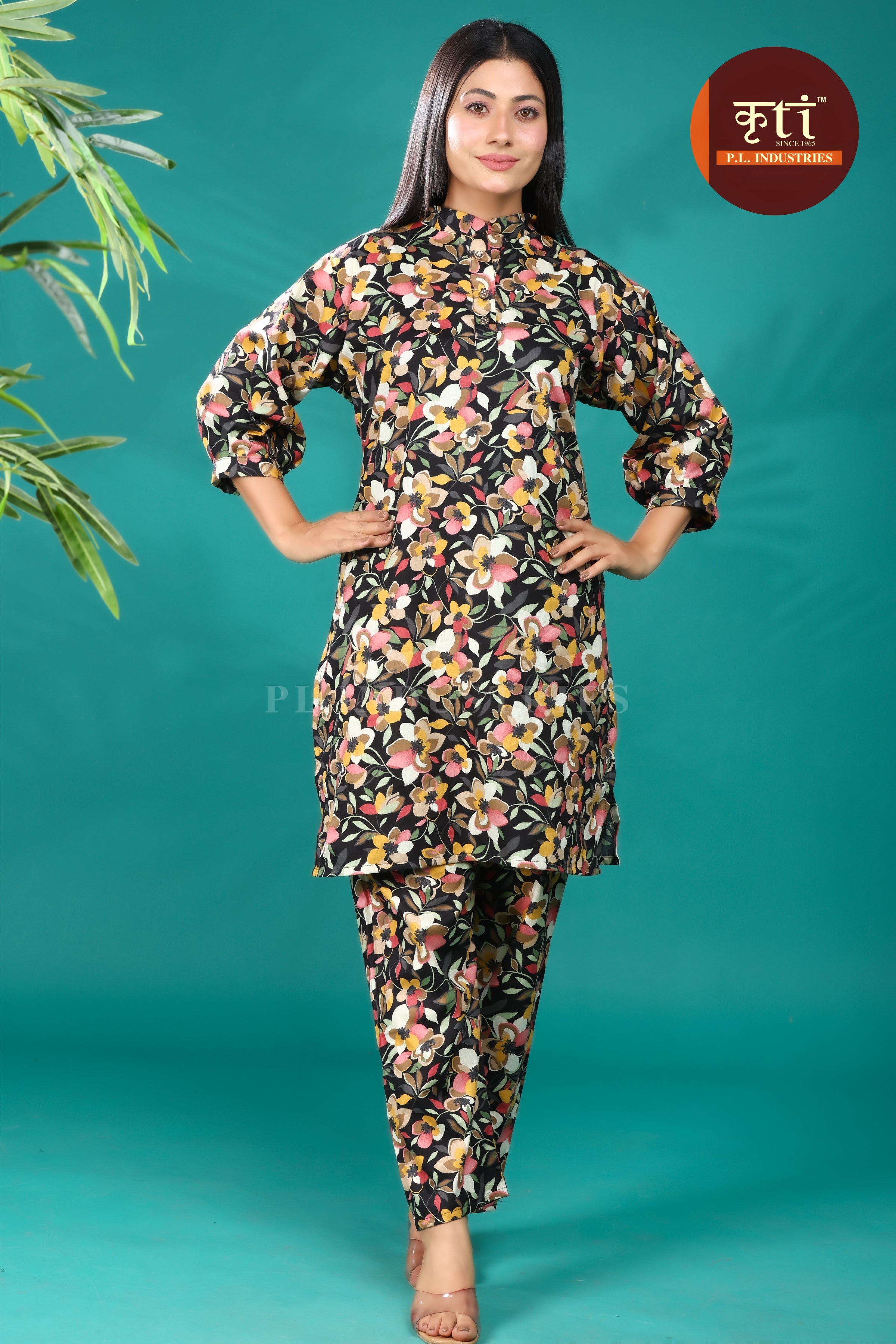 Floral Printed Cotton Cord Set- Black