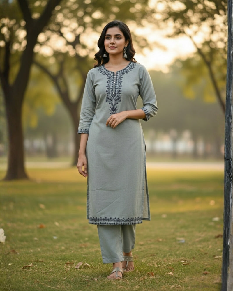 कृति ऊनी कढ़ाईदार सिले सूट ग्रे रंग महिलाओं के लिए सर्दियों