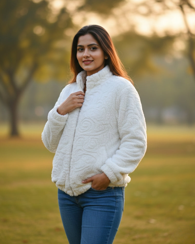 KRITI Women’s Premium Wool Blend Faux Fur White Color Winter Jacket