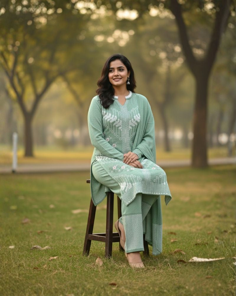 प्रीमियम 3-पीस ऊनी विंटर कुर्ती सेट | बॉटम और स्टोल के साथ बुना हुआ कुर्ता | M-XXL साइज़