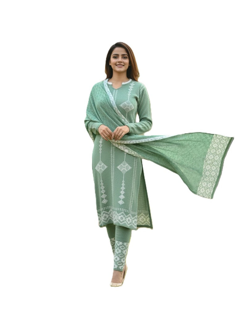 प्रीमियम 3-पीस ऊनी विंटर कुर्ती सेट | बॉटम और स्टोल के साथ बुना हुआ कुर्ता | M-XXL साइज़