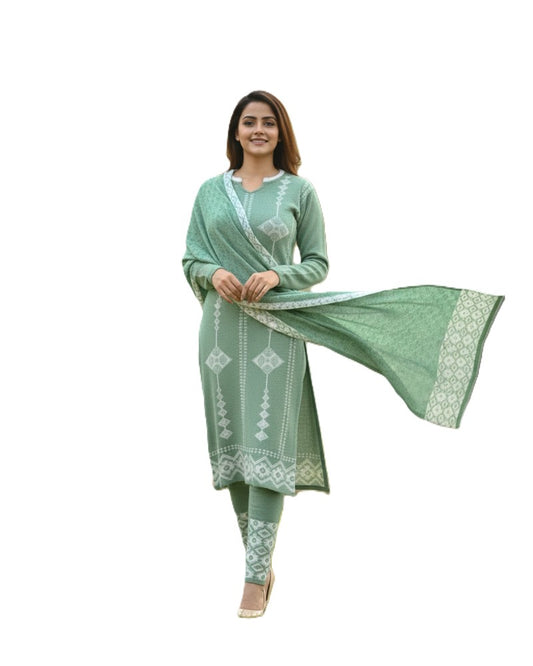 प्रीमियम 3-पीस ऊनी विंटर कुर्ती सेट | बॉटम और स्टोल के साथ बुना हुआ कुर्ता | M-XXL साइज़