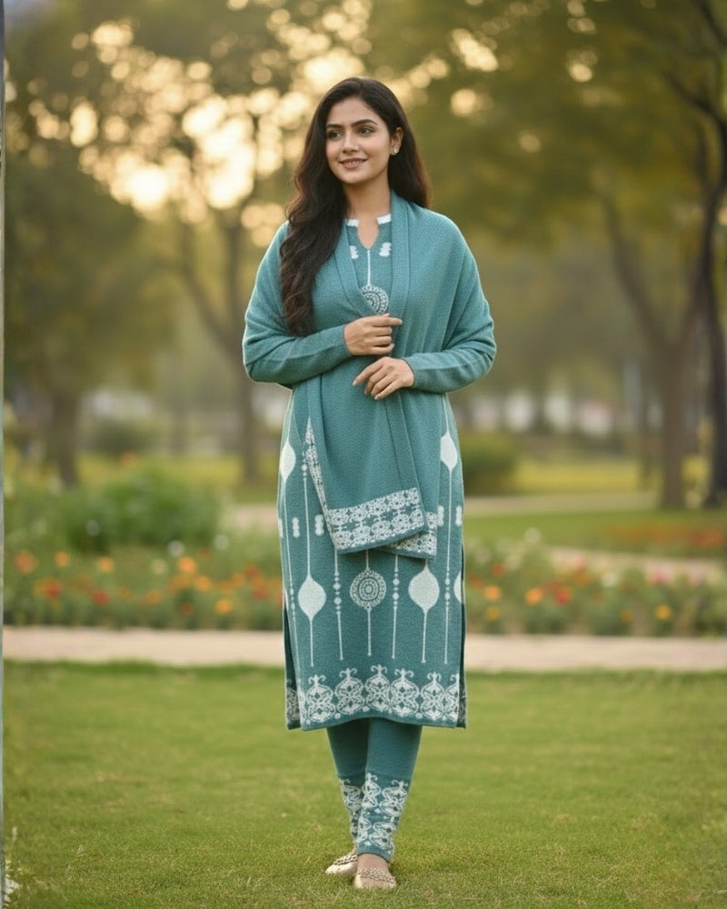 KRITI Wool Blend 3-Piece Embroidered  Kurti Set for Women | Warm Knitted Kurti Lower & Stole Dupatta | Winter Indian Ethnic Wear Suit | M to XXL |