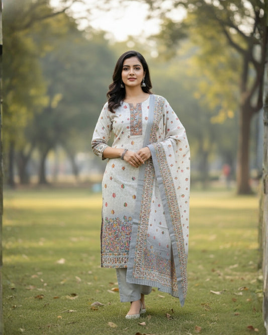 KRITI Winter Woolen Digital Print Stitched Suit Grey Color For Women