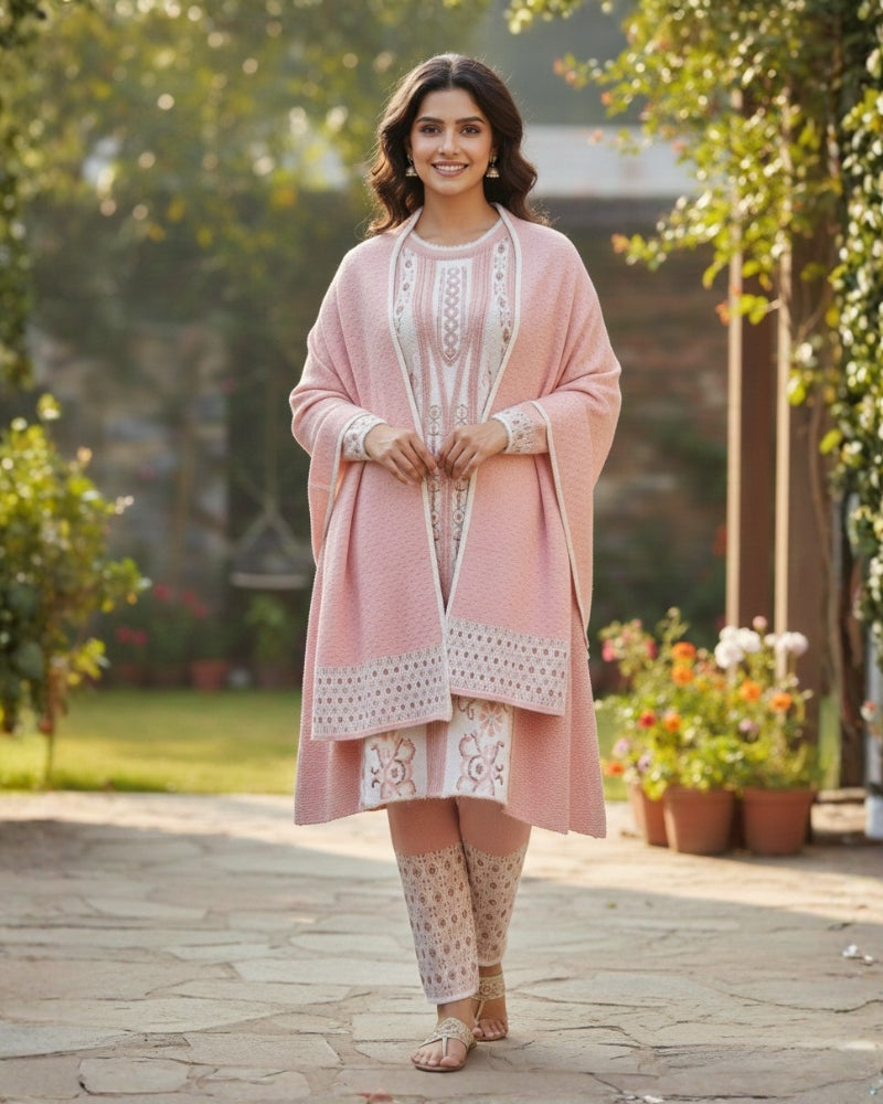Woollen 3-Piece Embroidered Kurti Set- Onion