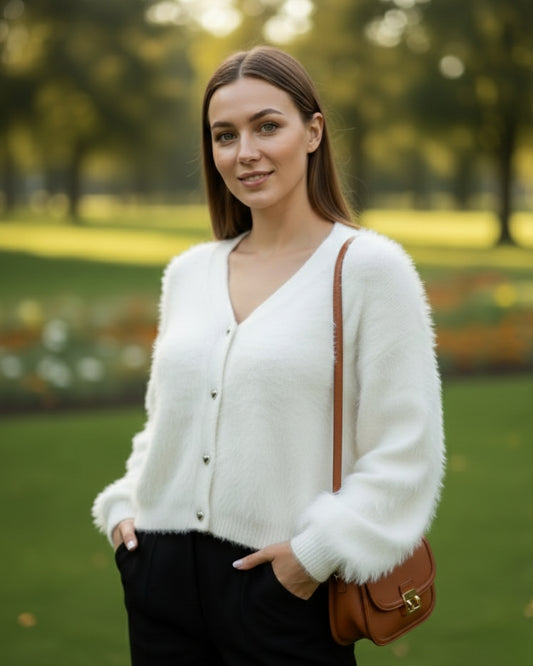 Women's Open Front Woolen Fluffy Top | White Oversized Fuzzy Shaggy Top | Long Sleeve & Loose Fit