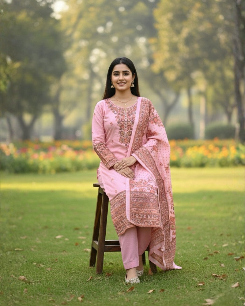 KRITI ऊनी डिजिटल प्रिंट सिले सूट गुलाबी रंग महिलाओं के लिए सर्दियों