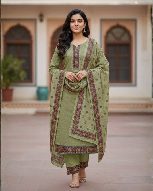 KRITI Winter Woolen Unstitched Suit Green Color For Women