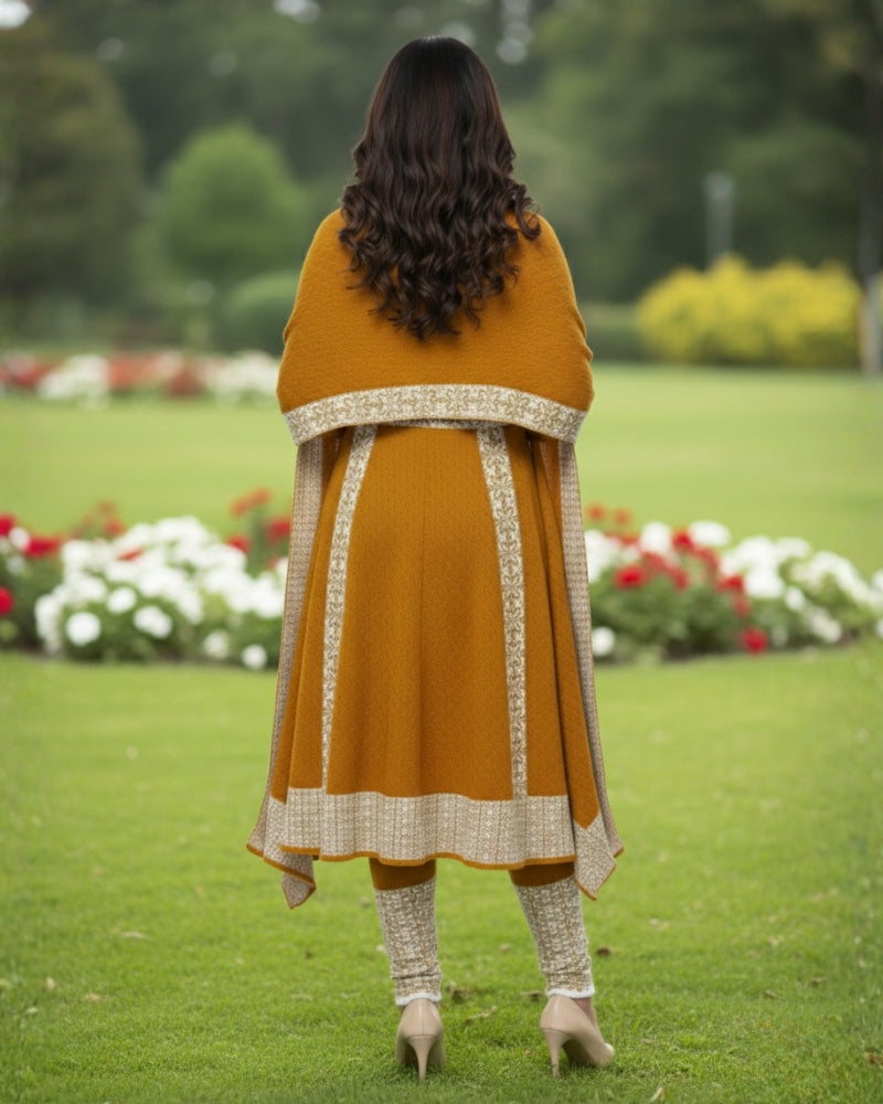 Winter Embroidered 3 PC Kurti Set - Mustard