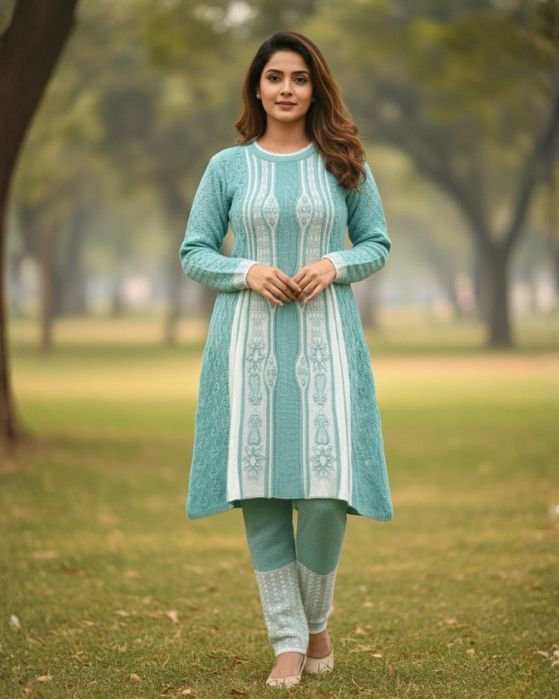 Full Sleeve Knee Length Woolen Fabric Sea Green Color 3 PC Kurti Set For Women