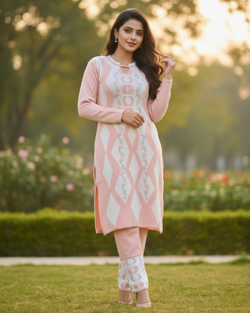 Women's Geometric Print Peach Color Woolen Kurti Set  | Warm Winter 3-Piece Suit