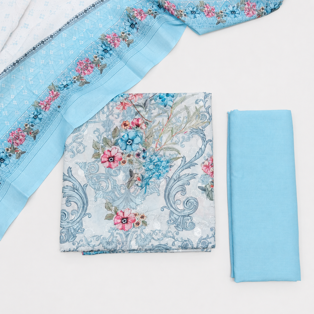 Designer Printed Cotton Unstitched Suit - Sky Blue