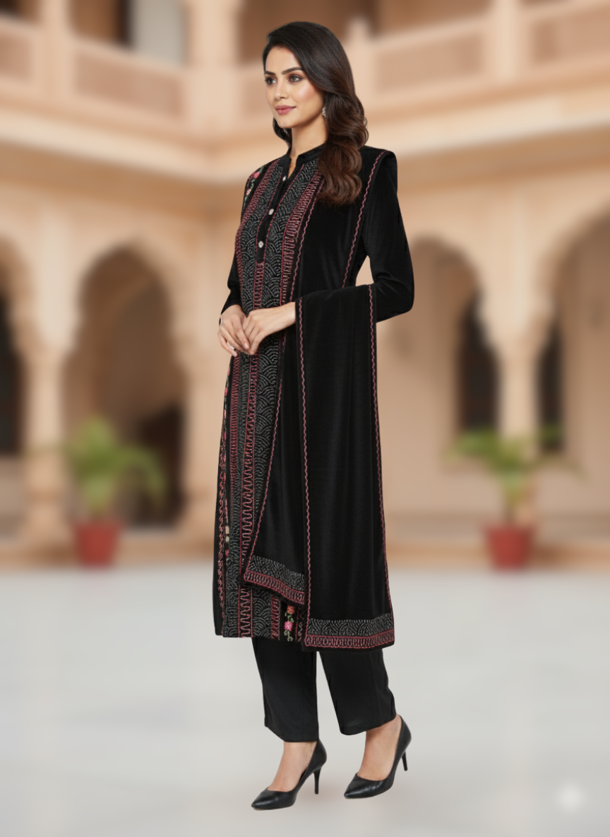 KRITI विंटर वेलवेट 3 पीस कढ़ाई कुर्ती सेट काले रंग में महिलाओं के लिए