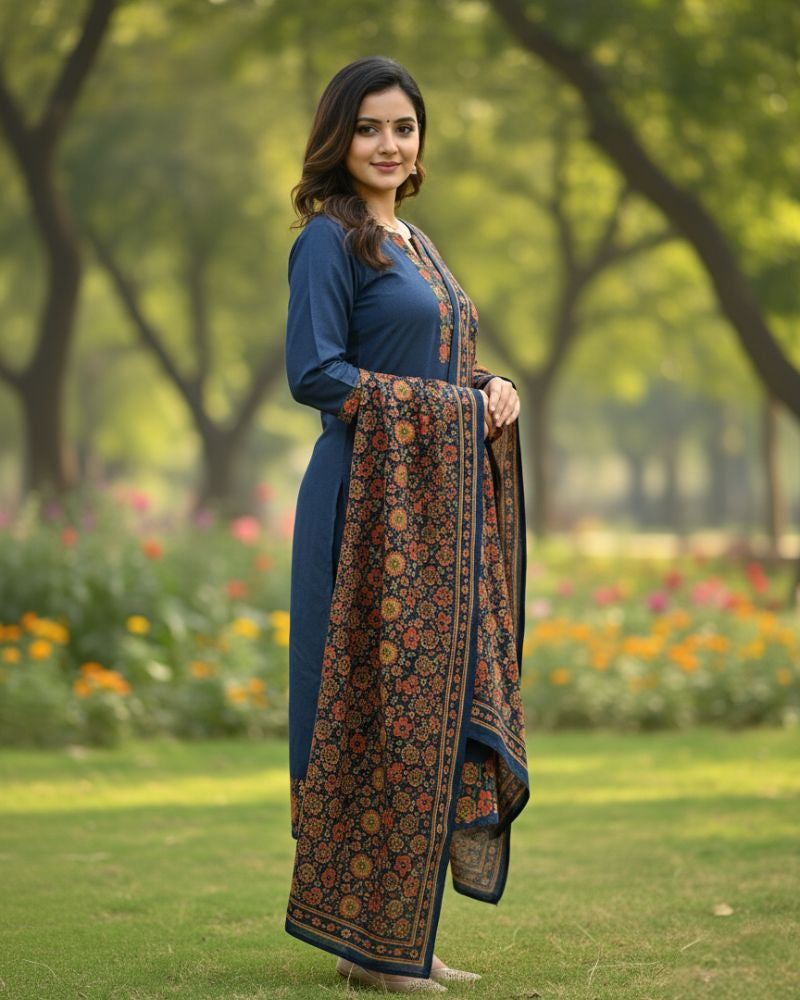 KRITI Winter Woolen Unstitched Suit Blue Color For Women