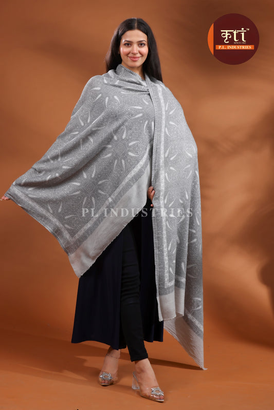 KRITI Luxury Paisley Design Fine Wool Grey Color Shawl for Women