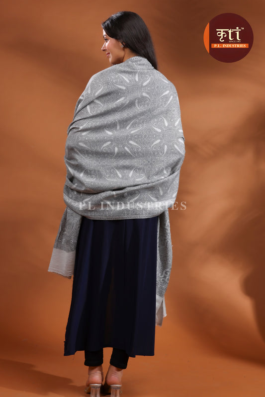 KRITI Luxury Paisley Design Fine Wool Grey Color Shawl for Women