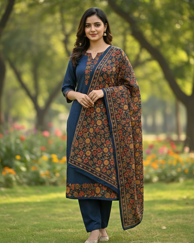 KRITI महिलाओं के लिए डिजिटल प्रिंट ऊनी नीले रंग का अनस्टिच्ड फ़ैब्रिक सूट सेट विंटरवियर 