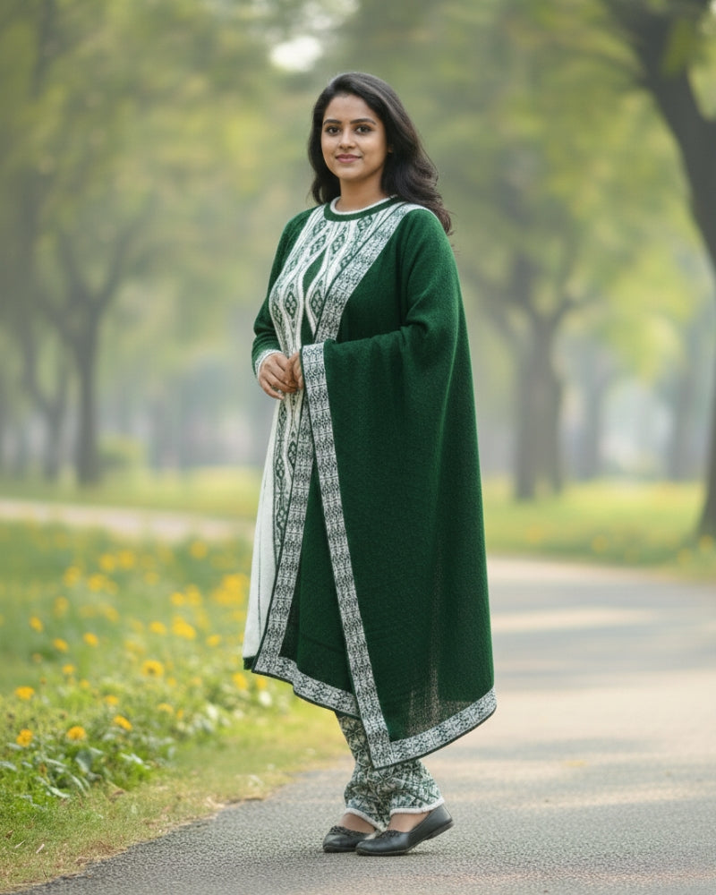 Full Sleeve Knee Length Hair Wool Fabric Bottle Green Color 3 PC Kurti Set For Women