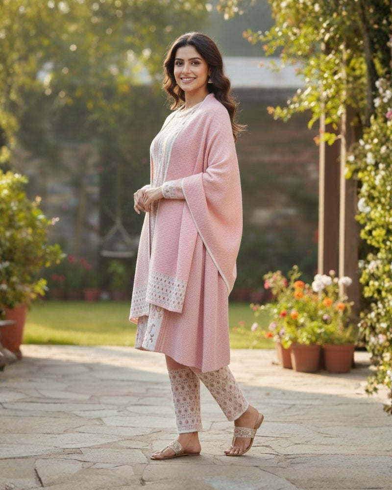 Woollen 3-Piece Embroidered Kurti Set- Onion