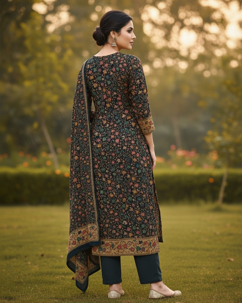 KRITI महिलाओं के लिए फ्लोरल डिज़ाइन ऊनी काला हरा रंग अनस्टिच्ड फ़ैब्रिक सूट सेट विंटरवियर 