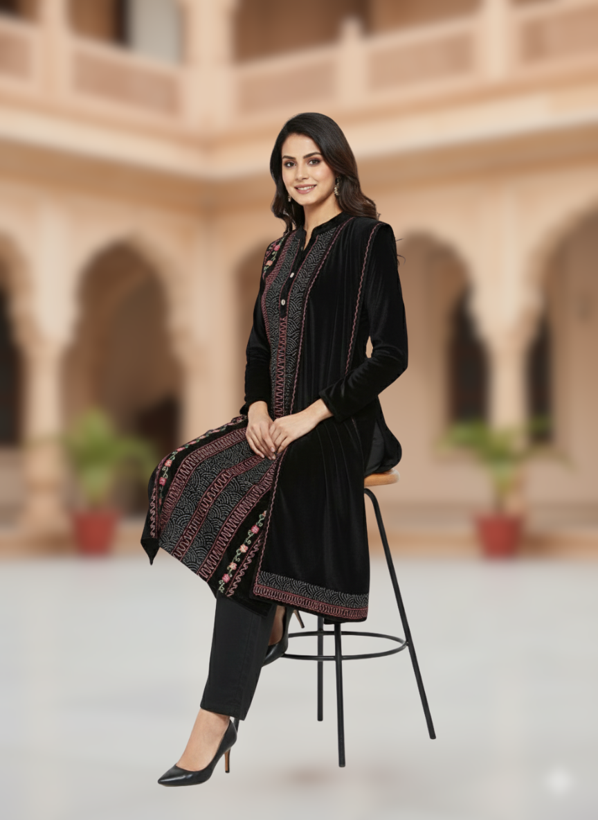 KRITI विंटर वेलवेट 3 पीस कढ़ाई कुर्ती सेट काले रंग में महिलाओं के लिए