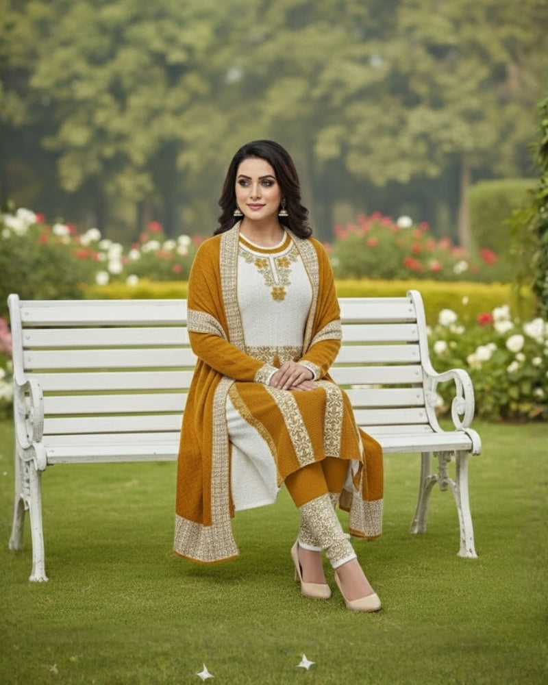 Winter Embroidered 3 PC Kurti Set - Mustard