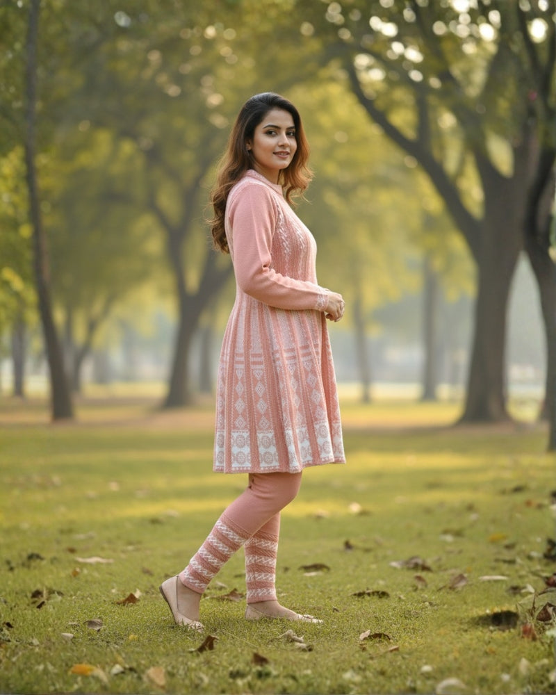 KRITI बुना हुआ ऊनी फ्रॉक कुर्ता सेट | बॉटम वियर के साथ 2-पीस विंटर कुर्ती 